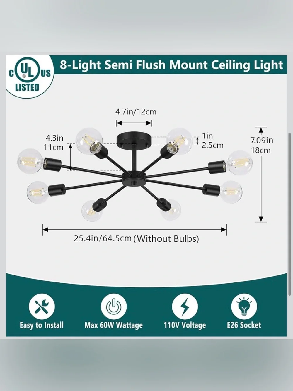 8-Lights Semi Flush Mount Ceiling Light, Matte Black Hallway Ceiling Lighting w